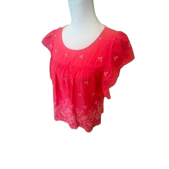 GAP BLOUSE PINK WHITE EMBROIDERED FLOWERS  RUFFLED SLEEVES WOMENS LARGE - Picture 4 of 7
